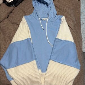 Blue and Cream Women's Hoodie Sweater